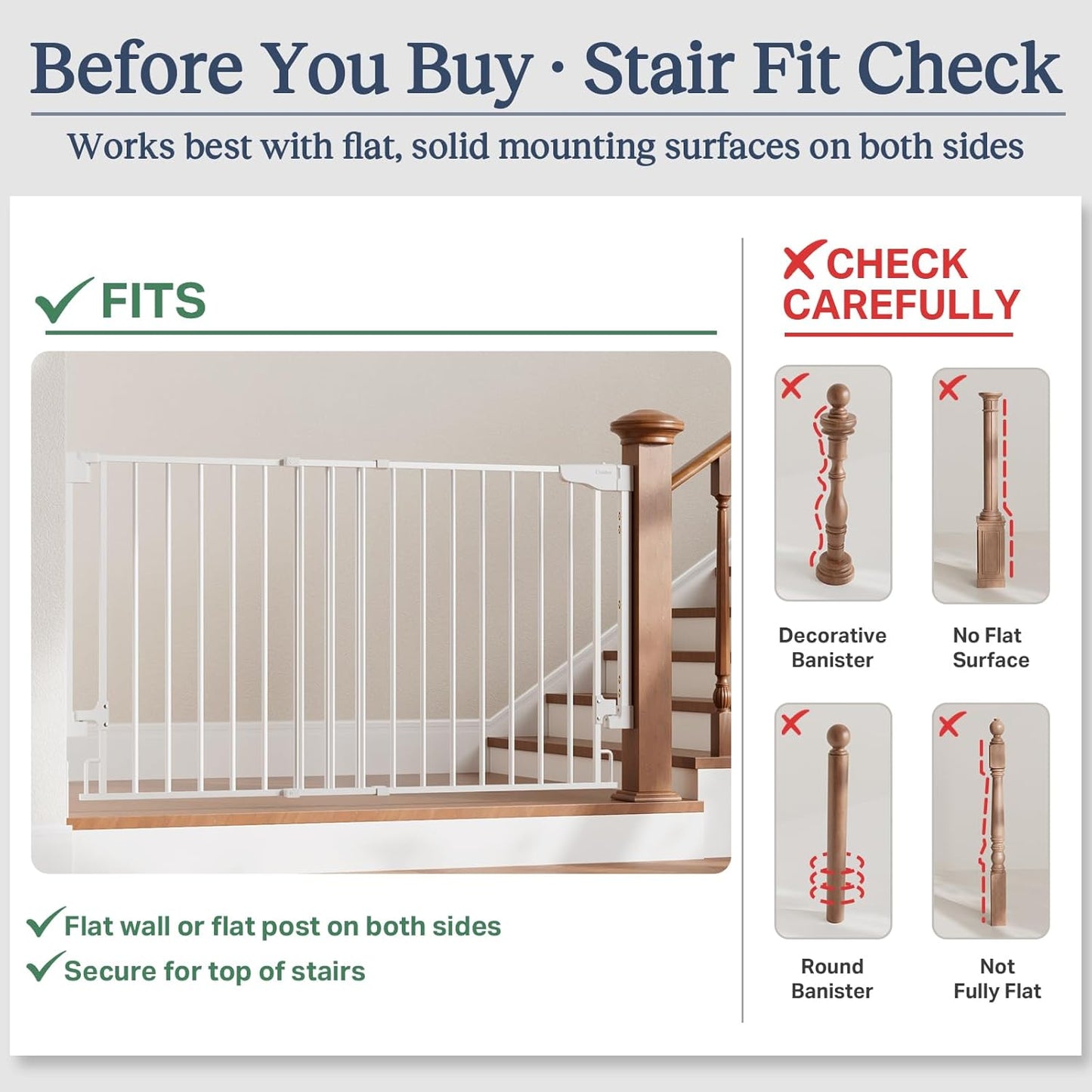 Cumbor 29.2–43" Baby Gate for Stairs, Hardware Mounted (Drill Required), Expandable No Bottom Bar Dog Gate, Auto Close Extra Wide Walk Thru, Pet & Toddler Proof Gate, Top & Bottom of Stairways (White)