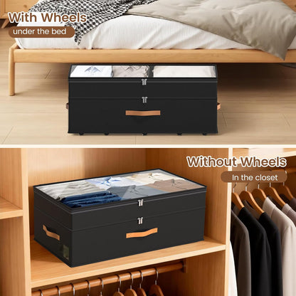 Under Bed Storage with Wheels, 2-Pack Underbed Storage Containers, No Assemble 11 inches 90L XXL Large Adjustable Storage Bins with Clear Lids, Rolling Storage for Clothes, Shoes, Blankets, Gray
