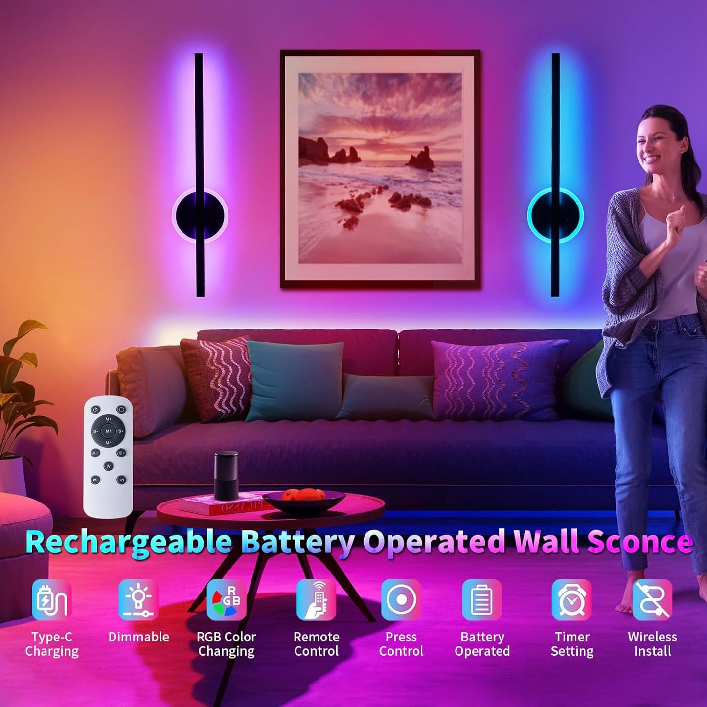 24 Inch Battery Operated Wall Sconce Set of 2, Dimmable Battery Sconces with Remote Control, 8000 mAh Rechargeable Sconces, 350° Rotate Modern LED Lights for Bedroom, Living Room, Black Gold