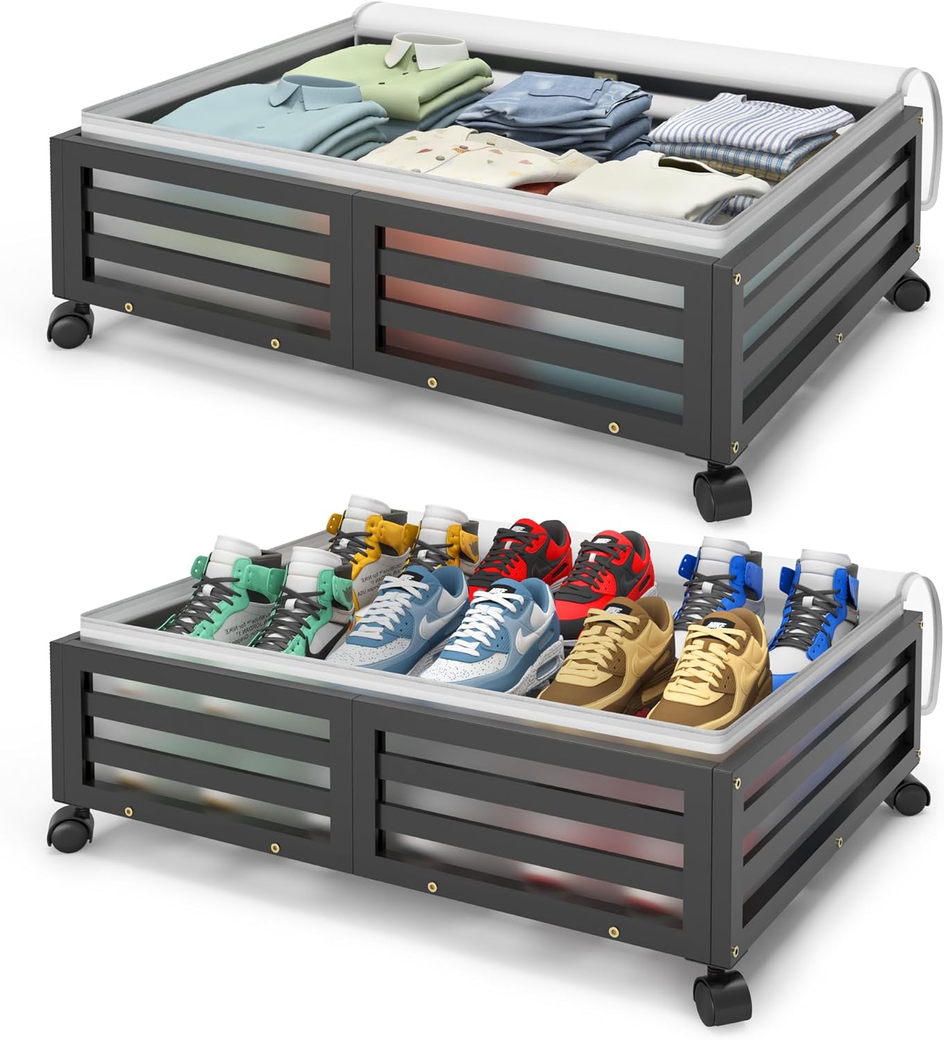 Under Bed Storage with Wheels-Large Bamboo Underbed storage Containers with Large Dust Bag Stackable Under the Bed Shoe Storage Bins for Clothes Books Bedding (2 Packs Nature, 23.62"L×16.54"W× 6.51"H)