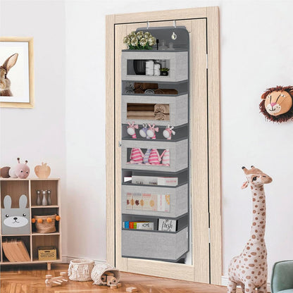 Over The Door Hanging Organizer Storage with 5 Large Pockets,Wall Mount Clear Windows and 2 Widened Metal Hooks for Pantry,Nursery,Diapers,Bathroom,Kitchen,Closet,Dorm