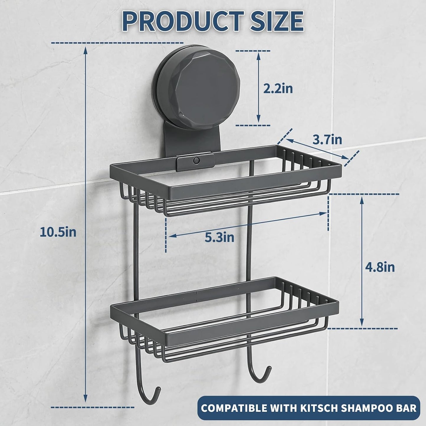 Shampoo Bar Holder Compatible with Kitsch, 2-Tier Self-Draining Shower Caddy with Suction Cup, Hanging Shampoo Bar and Conditioner Organizer with 2 Hooks, Rust-Free Bathroom Wall Accessories