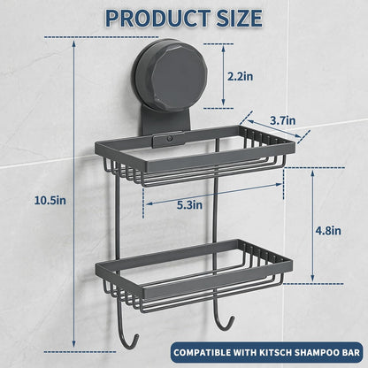 Shampoo Bar Holder Compatible with Kitsch, 2-Tier Self-Draining Shower Caddy with Suction Cup, Hanging Shampoo Bar and Conditioner Organizer with 2 Hooks, Rust-Free Bathroom Wall Accessories