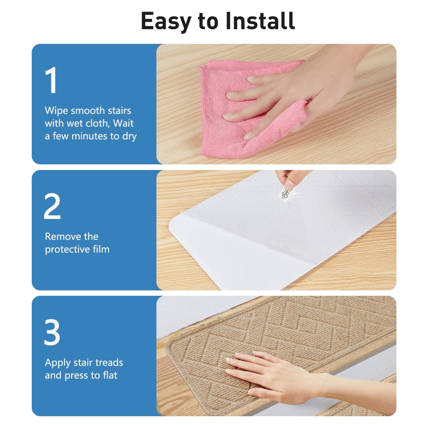 Non Slip Stair Treads for Wooden Steps,15 Pack 8" X 30" Stairs Carpet Treads Indoor with Reusable Peel and Stick Adhesive for Kids Elders and Pets