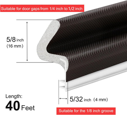 40FT Kerf V‑Shaped Weather Stripping Door Seal, Press‑in Seal for Pre‑Cut Slot Doors, Not Self‑Adhesive, Soundproof Draft Blocker for Exterior Front Doors, Fits Large Gaps, Easy DIY Install (White)