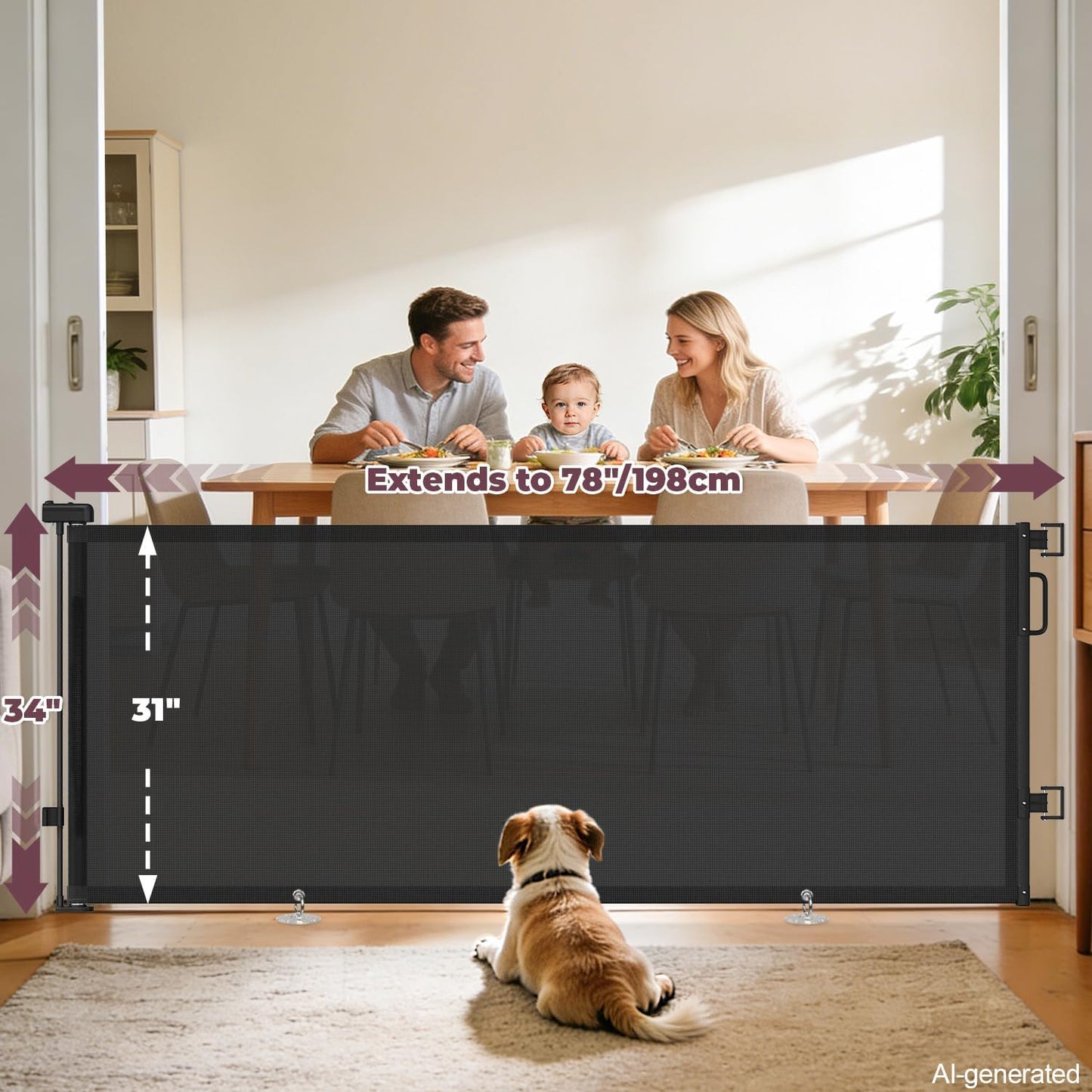 Retractable Baby Gates for Doorways, 58" Extra Wide Mesh Child Dog Gate for Stairs, 34" Tall Toddler Pet Gate Indoor and Outdoor, Easy Install, Essential for Home Safety, Black