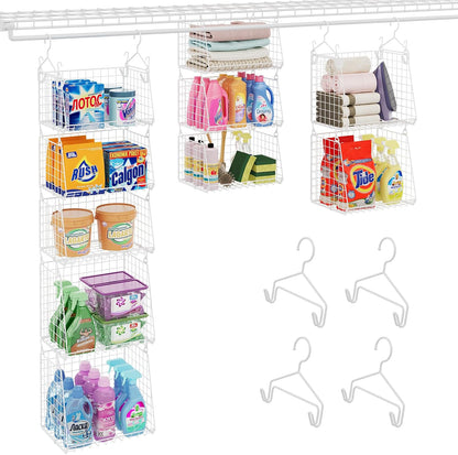 4-Tier Hanging Laundry Room Organizer: Foldable Wire Shelf Basket with 2 Large Hooks 1.65" & 360°Rotating Hooks – Space-Saving Laundry Storage Basket, for Wardrobe Closet Storage, White Patent