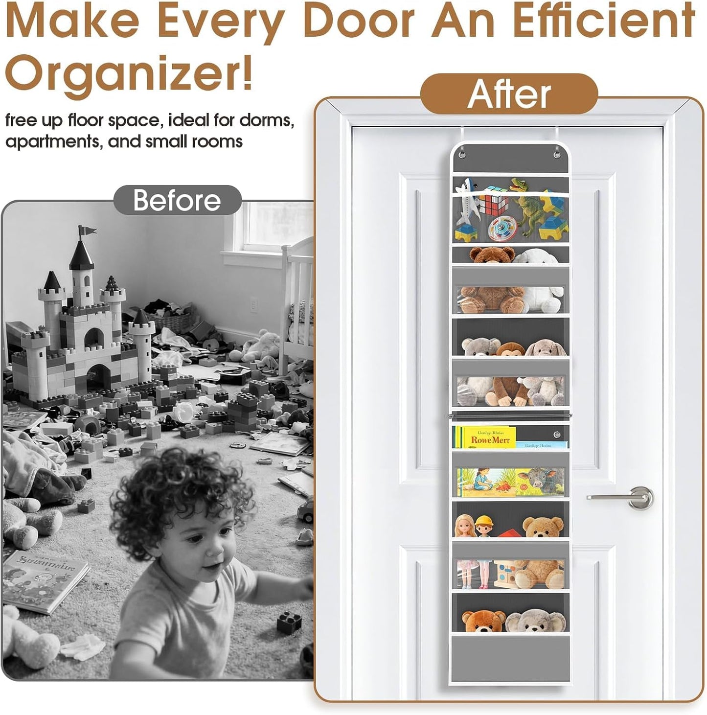 WISELIFE Over The Door Organizer Storage with 4 Large Pockets Door Hanging Organizer with Clear Windows behind The Door Storage for Nursery Bedroom Bathroom Pantry Closet and Baby Essentials Dark Grey