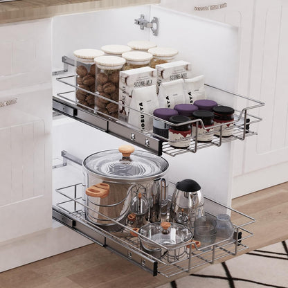 2 Tier Pull Out Cabinet Organizer 11" W X 22" D, Slide Out Drawers For Kitchen Cabinets, Pull Out Drawers For Cabinets Capacity Heavy Duty Caddy, Cabinet Pullout Shelves Chrome-Plated, Bathroom Pantry