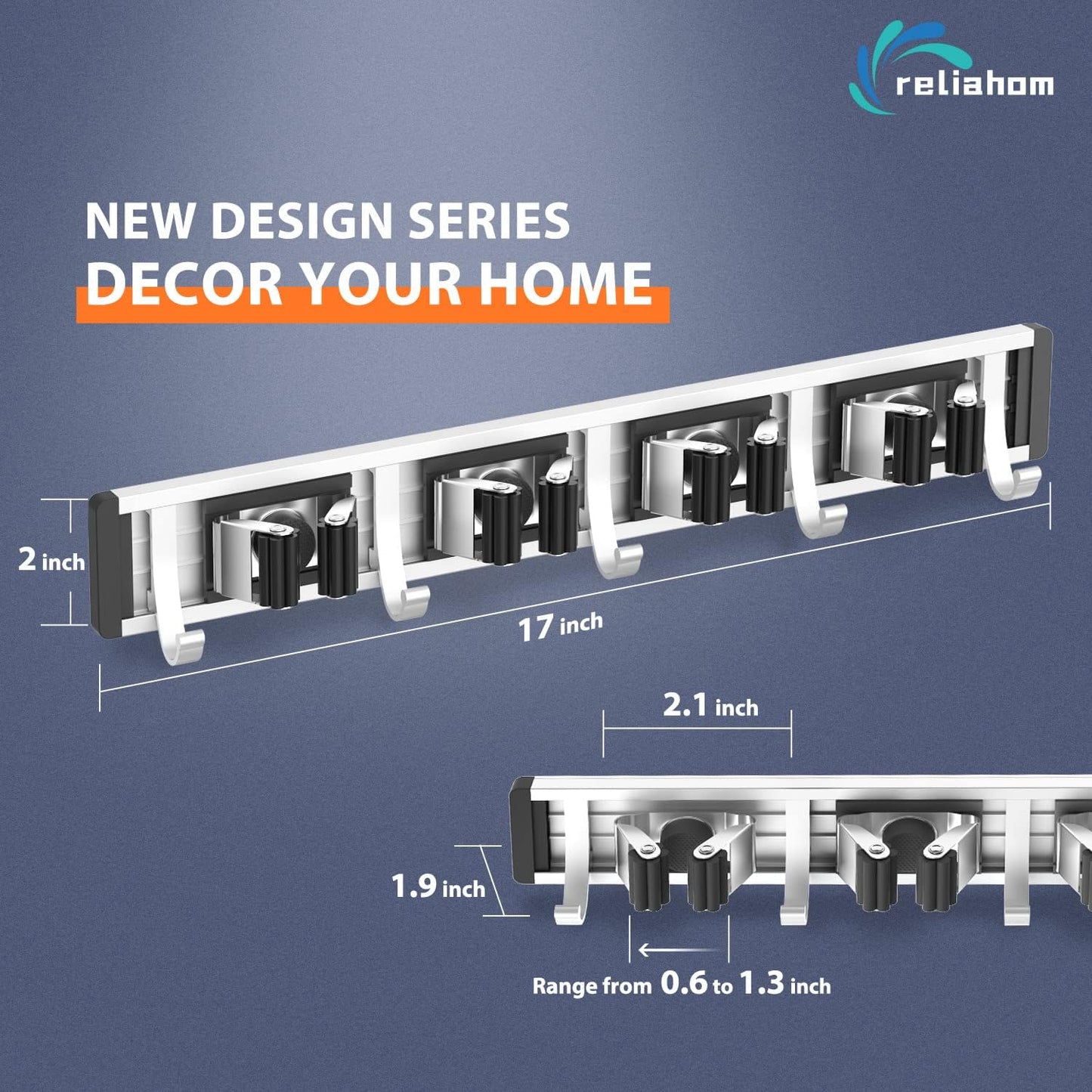 reliahom Broom Holder Wall Mount Mop Hanger Tools organizer 4Racks 5Hooks | Adjustable Mop Broom Wall Hanging Heavy duty Tools Storage Rack Space-saving for Garage,Kitchen,Laundry Room,Garden, Silver