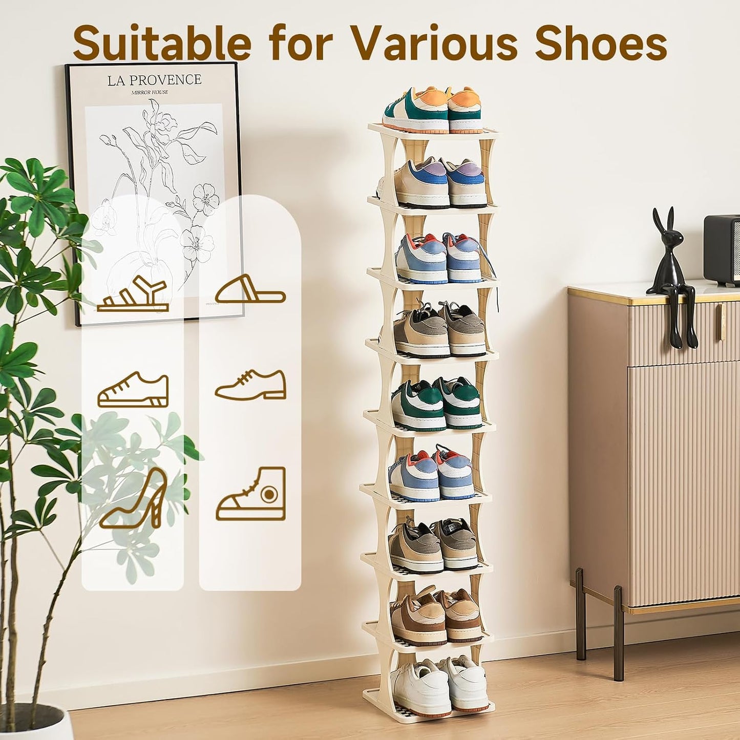 UFORU Vertical Shoe Rack 6 Tier, Narrow Free Standing Shoe Organizer for Closet, Entryway & Bedroom, Tall Plastic Narrow Shoe Rack for Small Spaces, Stackable Shoe Organizer& Easy to Assemble