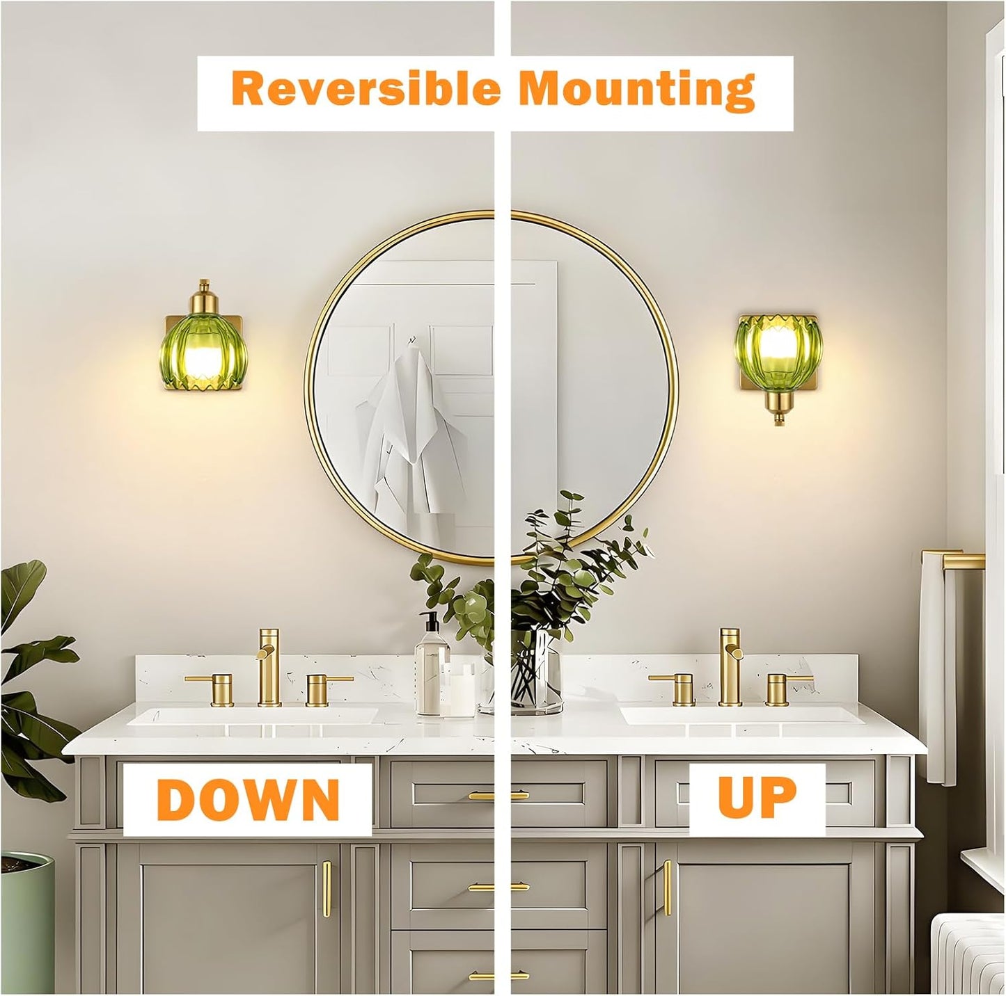 Rechargeable Battery Operated Wall Sconce Set of 2, Wireless Battery Powered Gold Wall Lamps with Green Tulip Glass, Vintage Dimmable Wall Lights with Remote Control for Bedroom Living Room