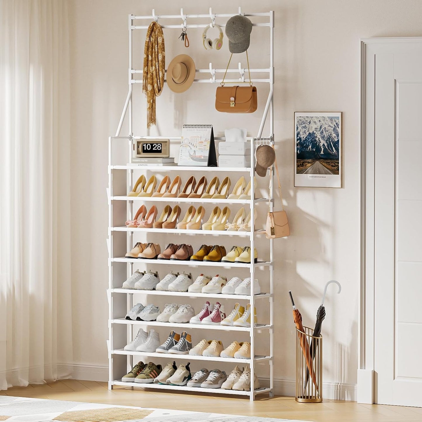 OYREL Shoe Rack, 5 Tier Shoes Storage Organizer, with Functional Hooks and Side Pocket, 20-25 Pairs, for Closet/Entrance/Entryway, Sneaker and Boot Stackable Free Standing Shoe Rack
