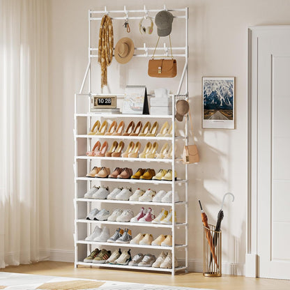 OYREL Shoe Rack, 5 Tier Shoes Storage Organizer, with Functional Hooks and Side Pocket, 20-25 Pairs, for Closet/Entrance/Entryway, Sneaker and Boot Stackable Free Standing Shoe Rack