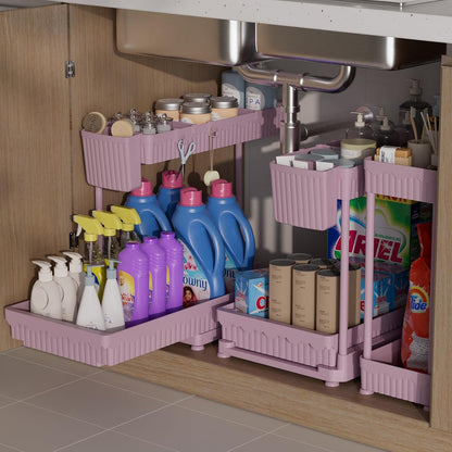 Sevenblue 3 Pack Multi-Purpose Pull-Out Storage Organizers, 2-Tier L-Shaped Under Sink/Cabinet Organizers and Storage for Bathroom & Kitchen, (Black, 12.85 Inches)