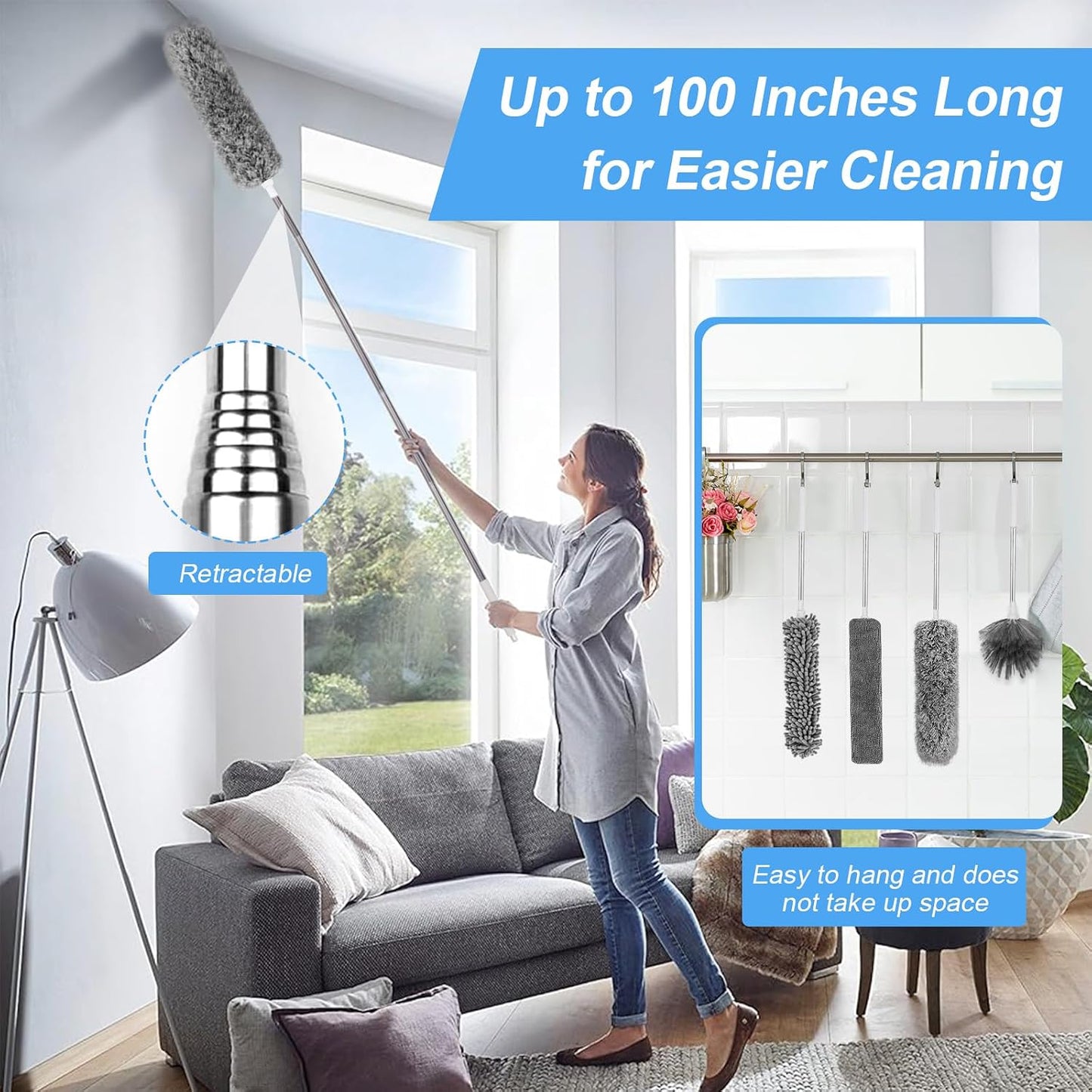 Duster with Extension Pole - Blue | 5-in-1 Kit Dusters for Cleaning, Extendable Duster with 100 Inches, Microfiber Dusters for Ceiling Fans, Furniture, Blinds