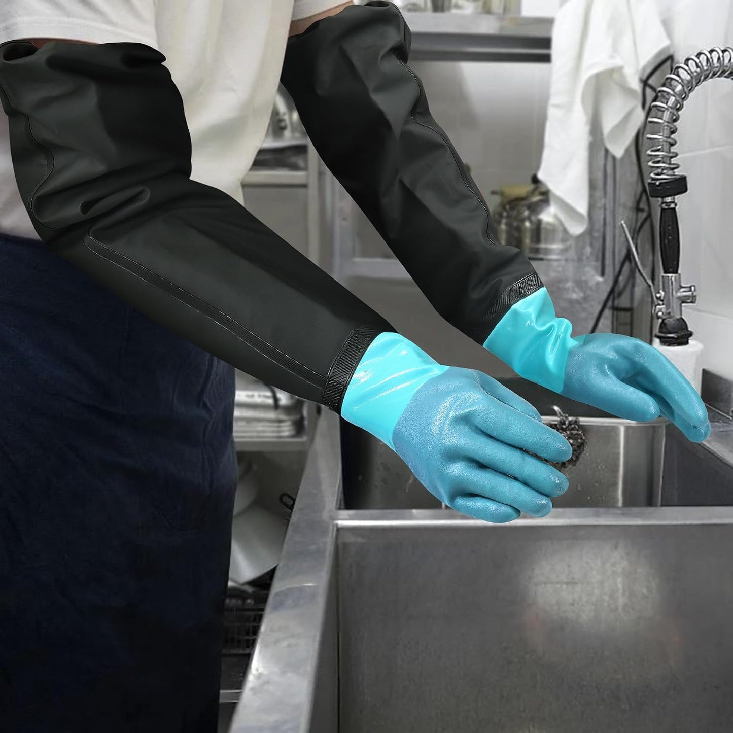 27" Full Arm Pond Gloves, Long Heavy Duty Gloves with Cotton Lining, Waterproof Rubber Chemical Resistant Glove