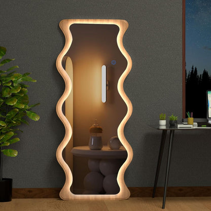 65" x 24" LED Wavy Full Length Mirror Wood Framed Full Body Mirror with Lights,Shatter-Proof Hanging/Leaning Irregular Wall Mirror Wooden Floor Mirror for Dressing Bedroom Living Room