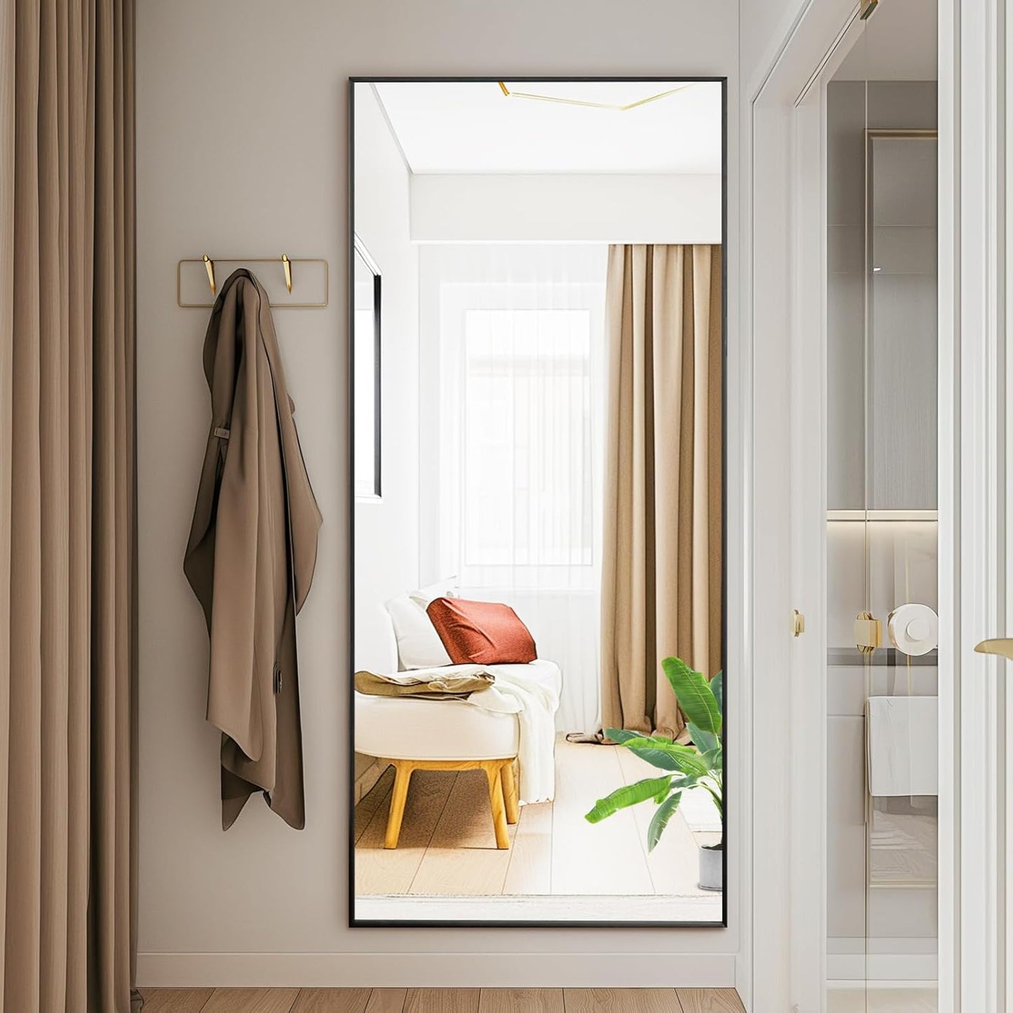 59"x16" Arched Full Length Mirror, Full Body Mirror with Leaning or Standing, Floor Standing Aluminum Frame for Bedroom, Livingroom, Cloakroom, Black