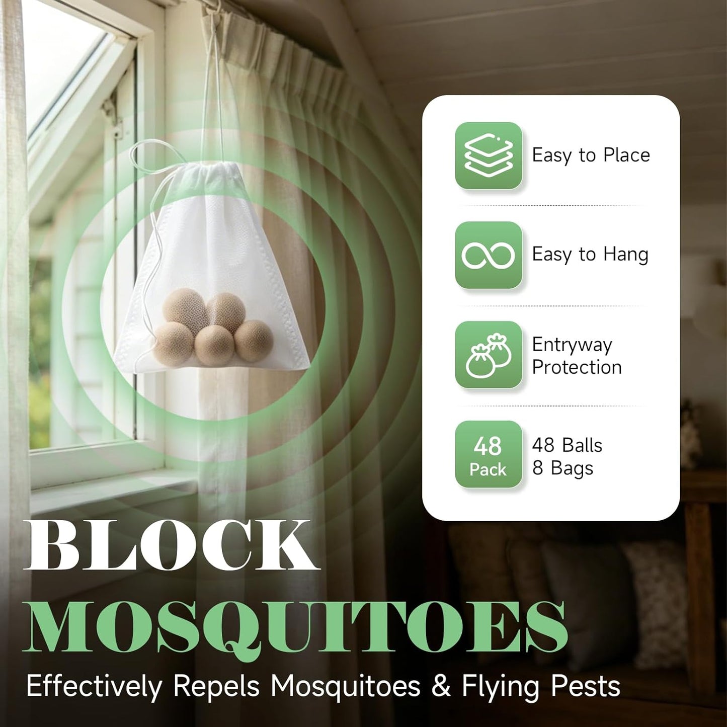 Mosquito Repellent for Patio 48 Balls - Natural Mosquito Repellent Indoor & Outdoor Use, Mosquito Deterrent for Yard - Long Lasting Mosquito Control for Camping, Travel & Home