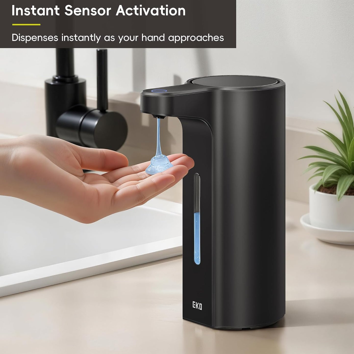 EKO Aroma 9 fl oz Automatic Liquid Soap Dispenser, Rechargeable & Water-Resistant Soap Dispenser for Kitchen and Bathroom with Adjustable Volume Control (Matte Black Steel)