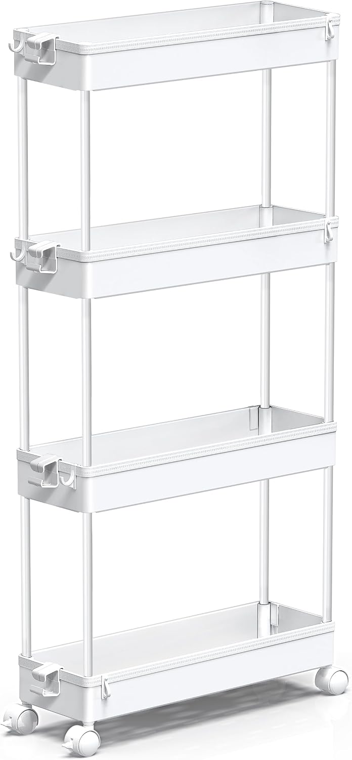 SPACEKEEPER Slim Rolling Storage Cart 4 Tier Bathroom Organizer Cart Mobile Shelving Unit Slide Out Utility Cart for Kitchen, Bthroom, Makeup, Craft, Laundry Narrow Places, Black