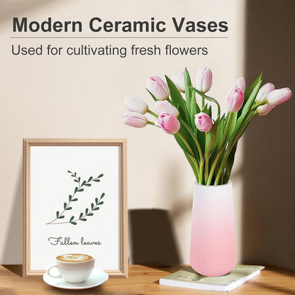 White Ceramic Vase, GUKJOB Small Cute Flower Vase for Pampas Grass, Home, Living Room, Dining Table, Farmhouse, Office Decor, Bedroom, Table, and Kitchen Shelf (White- 2PCS)