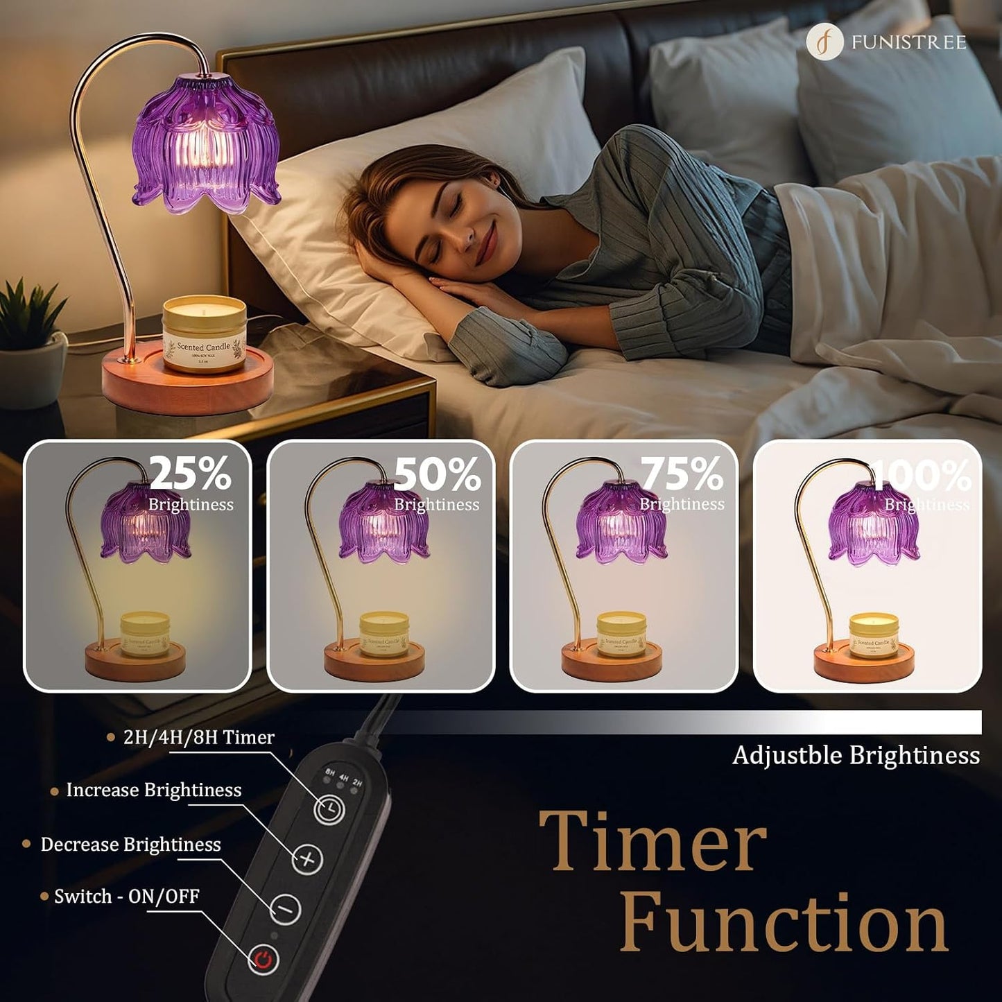 Funistree Flower Candle Warmer Lamp with Timer & Dimmer, Adjustable Height Candle Warmer, Christmas Birthday Gifts for Women Mom, House Warming New Home Decor, Wax Warmer with 2 Bulbs for Jar Candles