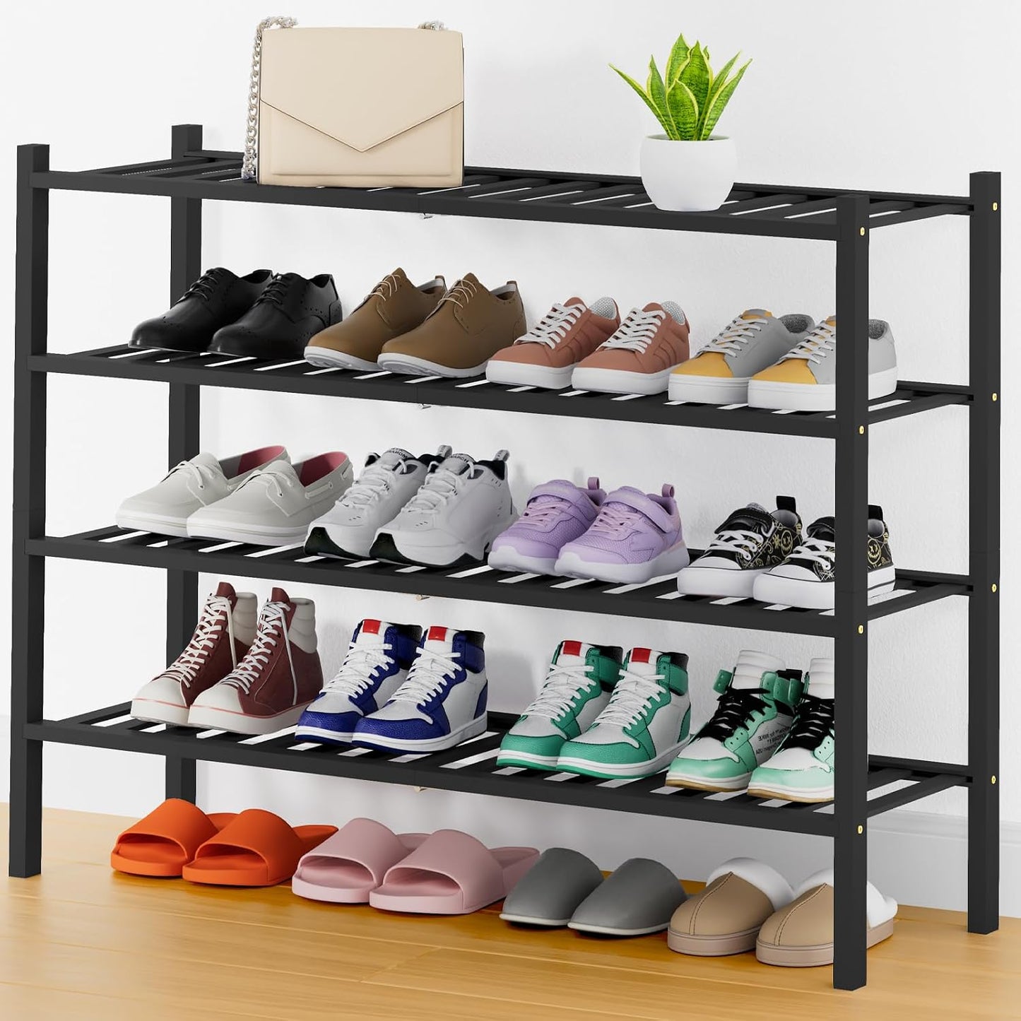 Smiry Bamboo Shoe Rack, 3 Tier Free Standing Wooden Shoe Organizer, Stackable Wood Shoe Storage Shelf for Closet, Entryway, 12 Vertical Slats, 2+1 Stack Standard Legs, 26.8"x11"x19.5", Natural
