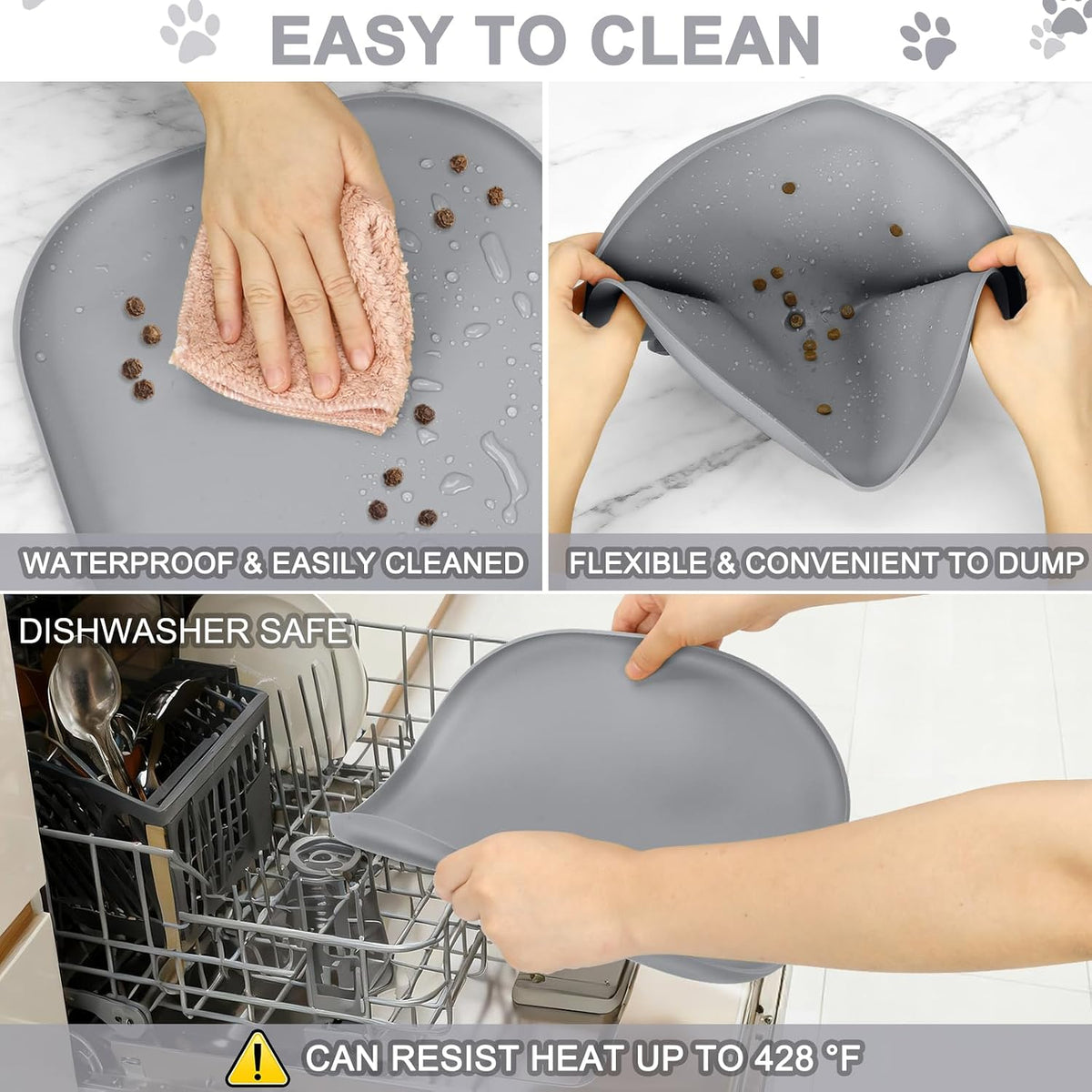 SMILOOL Silicone Pet Food Mat with Raised Edge for Food and Water Bowl, Dog Feeding Mats, Cat Food Trays for Floor Waterproof, Rubber Tray for Dogs and Cats, 19 x 12 x 0.7 Black