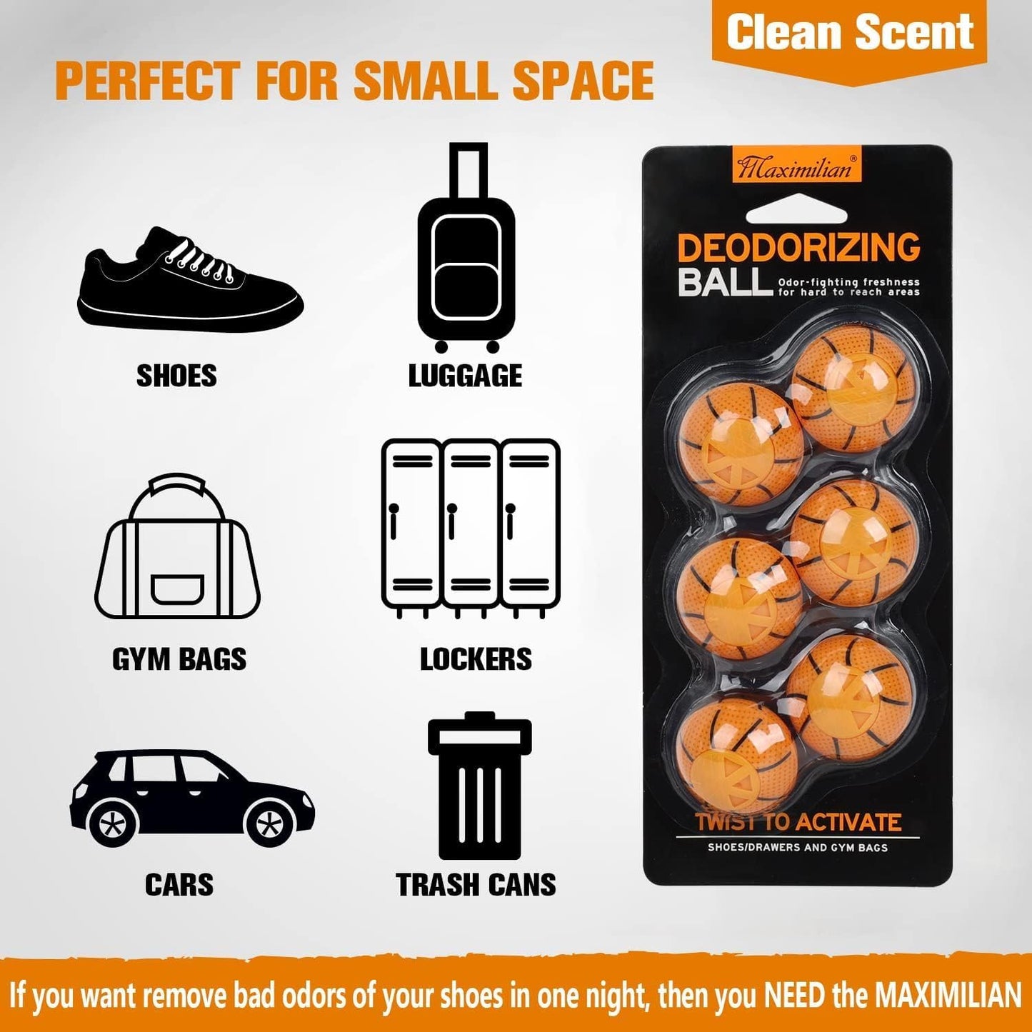 MAXIMILIAN Professional Shoe Deodorizer Balls 6pcs Orange Shoe Fresheners Balls Foot Odor Eliminator Odor-Fighting Freshener for Neutralizing Odor and Refreshing Sneaker,Wardrobe,Bags