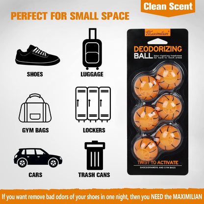 MAXIMILIAN Professional Shoe Deodorizer Balls 6pcs Orange Shoe Fresheners Balls Foot Odor Eliminator Odor-Fighting Freshener for Neutralizing Odor and Refreshing Sneaker,Wardrobe,Bags