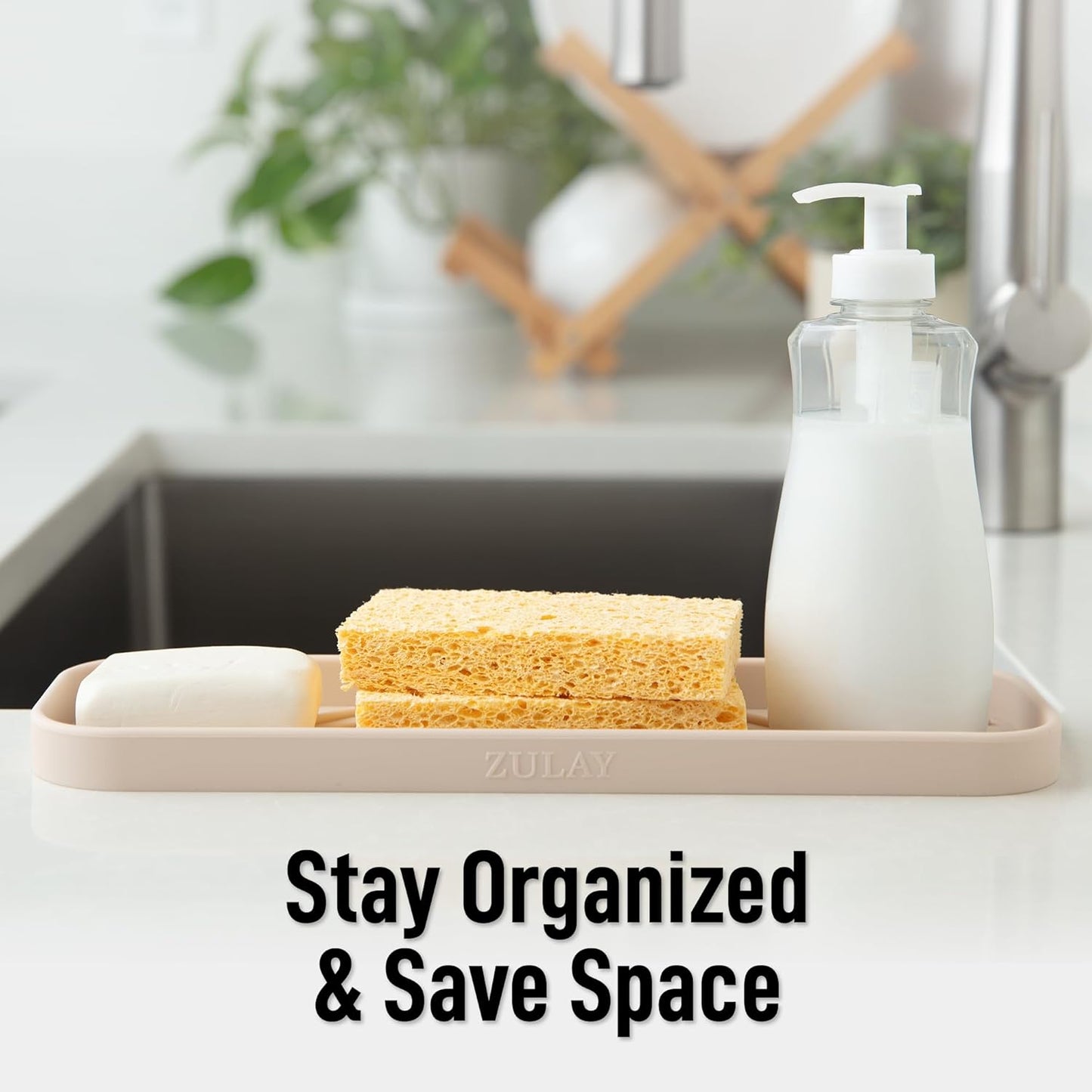 Zulay Kitchen (9x3.5in) Sponge Holder for Kitchen Sink - Flexible Heavy-Duty Multipurpose Sink Caddy - Counter Organizer for Kitchen, Bathroom, Makeup, Trinkets & More! (Grey)
