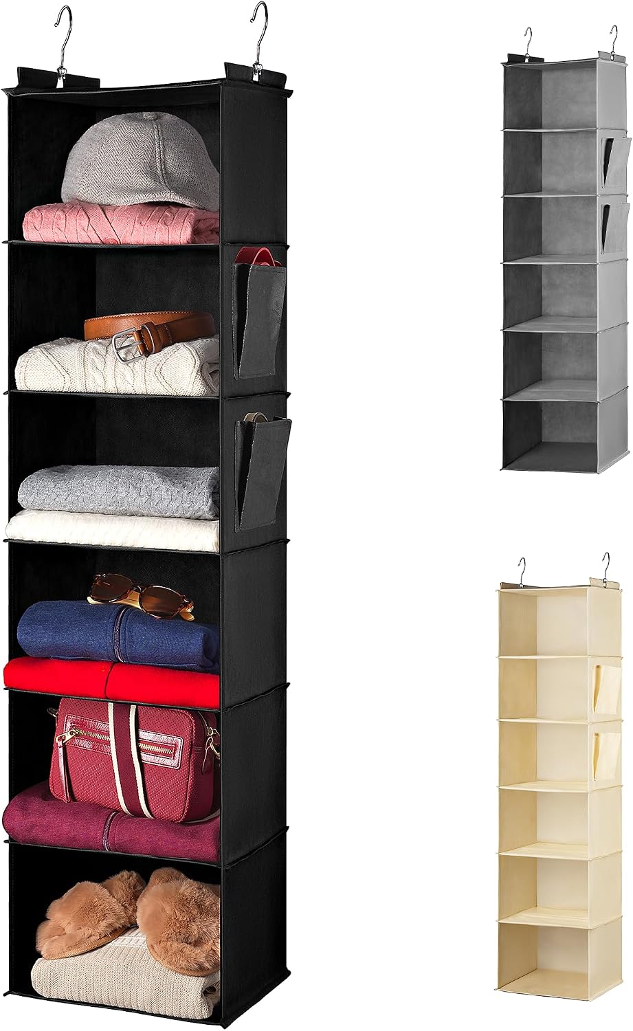 Handy Laundry Hanging Closet Organizer - 6 Shelf Storage for Clothes, Sweaters, Shoes & Accessories - Space-Saving Wardrobe Shelves with Hooks for Dorm, RV & Small Closet Organization (Beige)