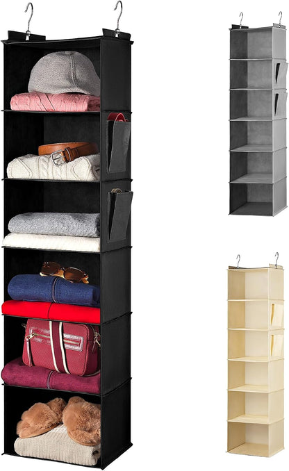 Handy Laundry Hanging Closet Organizer - 6 Shelf Storage for Clothes, Sweaters, Shoes & Accessories - Space-Saving Wardrobe Shelves with Hooks for Dorm, RV & Small Closet Organization (Beige)