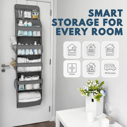 Over The Door Organizer with 5 Large Pockets, 5-Tier Hanging Storage | 5 Large & 6 Side Pockets, Behind Door Storage, 50 lbs Capacity, For Closet, Nursery, Bathroom