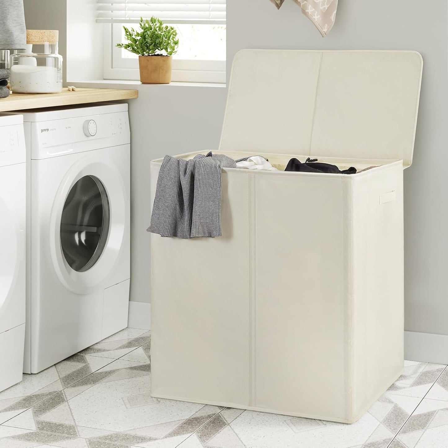 WOWLIVE 180L Laundry Hamper with Lid 3 Section,Large Laundry Basket with Removable Bags and Handles,Collapsible Dirty Clothes Hampers for Laundry,Laundry Basket Organizer for Laundry Room,Dorm,Beige