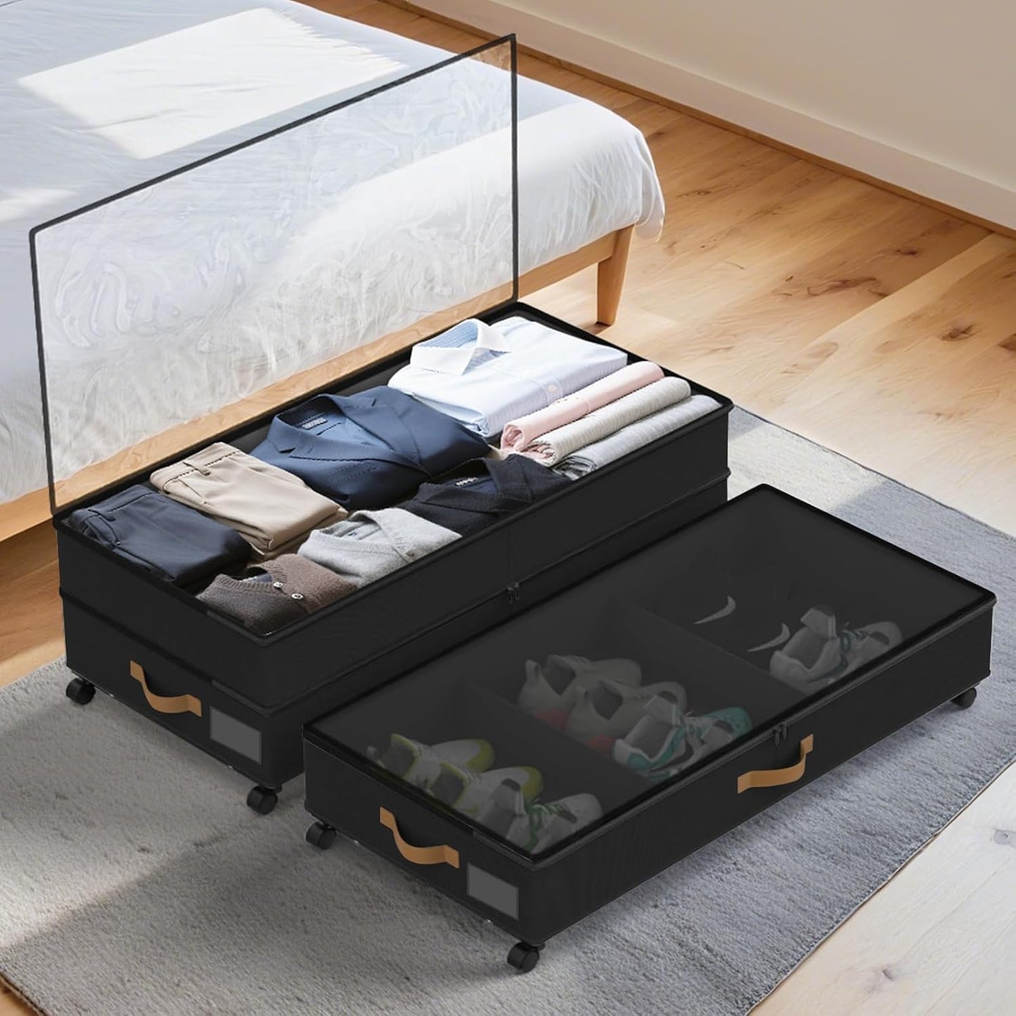 Under Bed Storage with Wheels 2-Pack, 75L XXL Under the Bed Storage Containers Large, 12" Tall Adjustable Storage for Underbed with Lids, Rolling for Shoes, Clothes, Blankets (Grey)