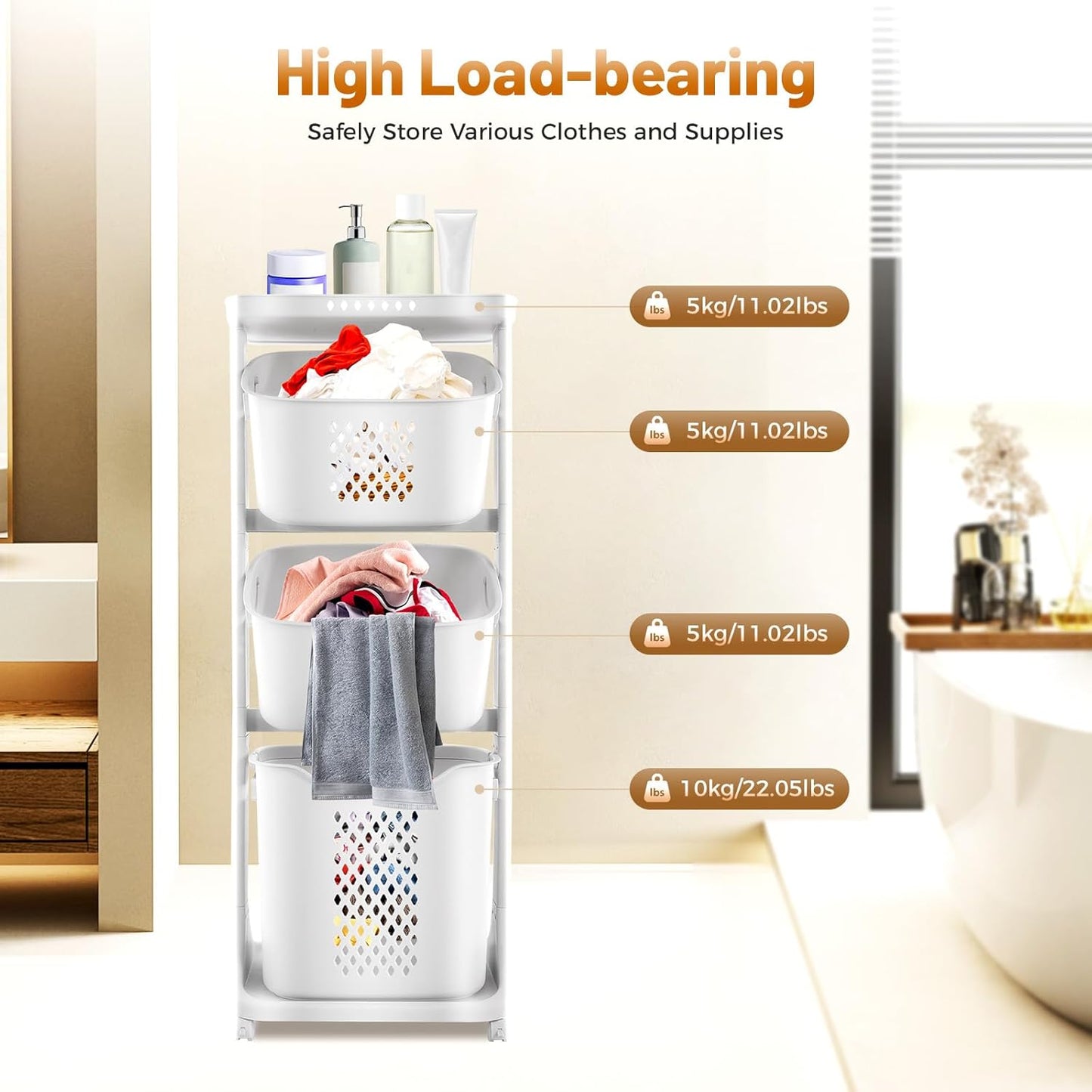 Rolling Laundry Basket Hamper, Laundry Sorter Cart 3 Section on Wheels, Stackable Tiered Organizer Baskets Shelf Rack Storage w/Compartment for Bedrooms, Classrooms, Laundry Rooms