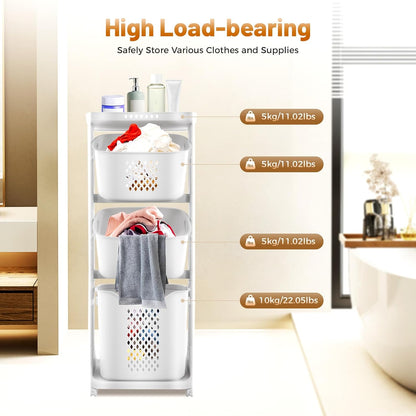 Rolling Laundry Hamper Storage Sorter, 3 Tier Rolling Laundry Hamper Cart White Laundry Baskets with Wheels for Kitchens Bathrooms Bedrooms Classrooms Laundry Rooms