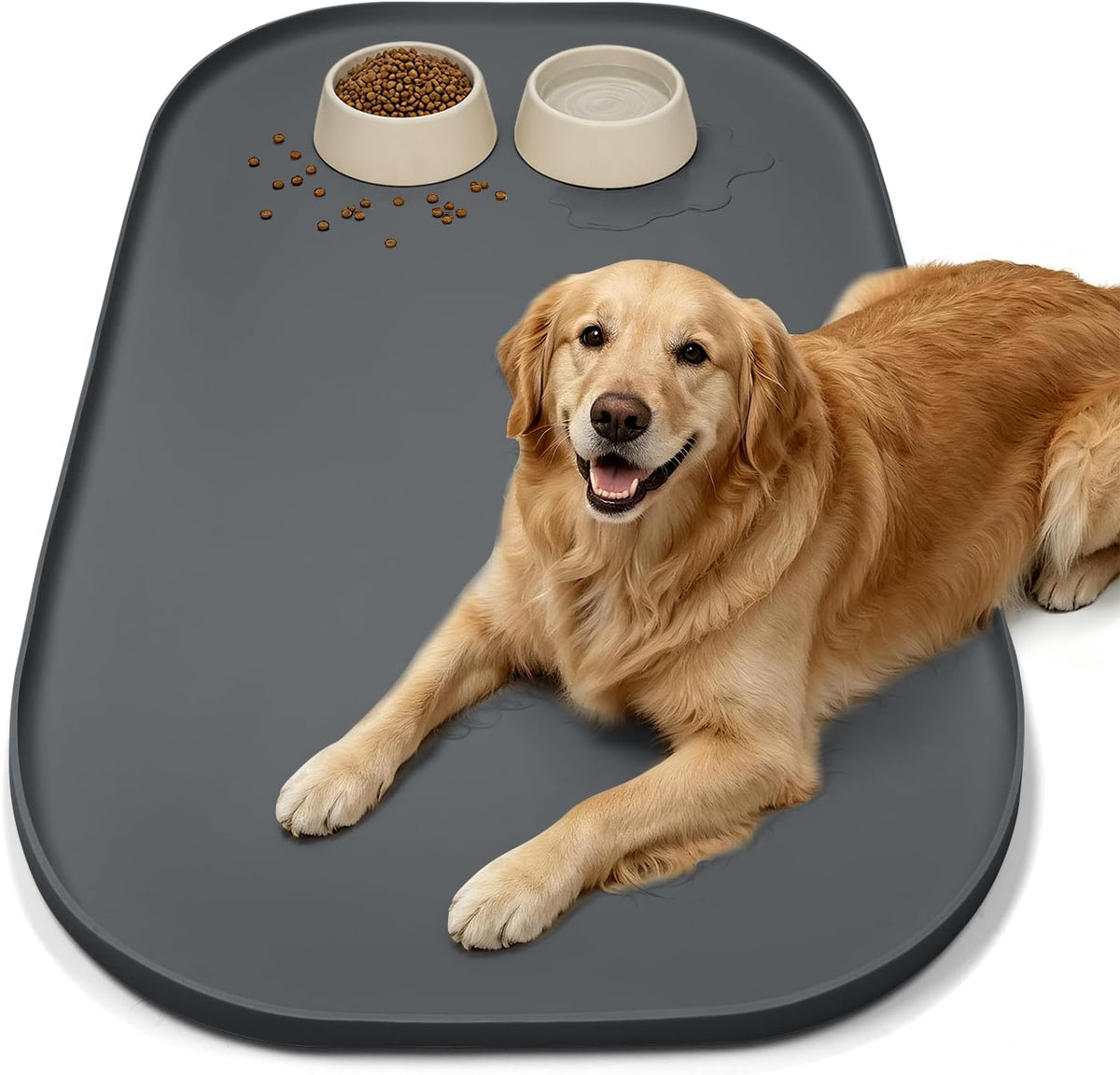 SMILOOL Silicone Pet Food Mat with Raised Edge for Food and Water Bowl, Dog Feeding Mats, Cat Food Trays for Floor Waterproof, Rubber Tray for Dogs and Cats, 19 x 12 x 0.7 Black