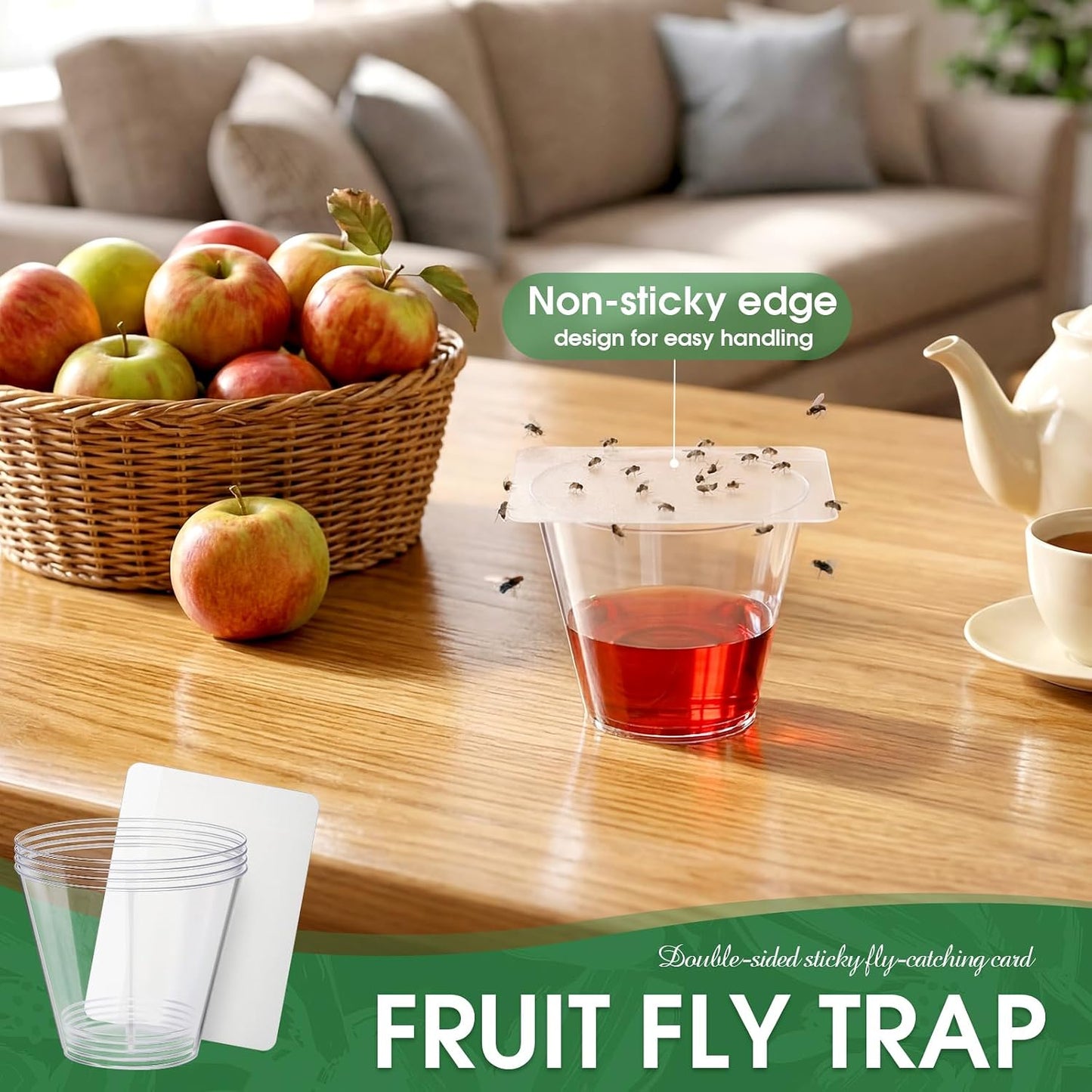 Fruit Fly Trap 25 Pcs Double-Sided Sticky Adhesive Cards and 5 Pcs Plastic Cups Indoor Sticky Fly Killers for Gnats, Fruit Flies, Moths, Kitchen Insect Control