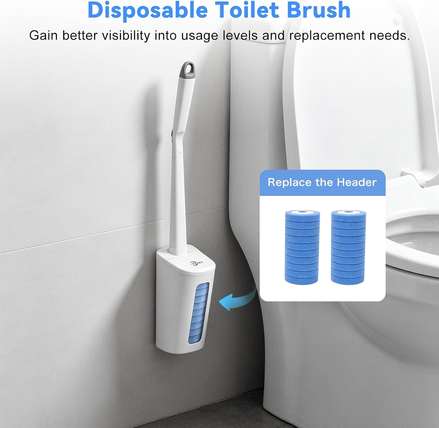 Disposable Toilet Brush - Toilet Bowl Cleaner with Automatic Lid 20 Replacement Heads in PC Box, Compatible with Rod Refills, Toilet Brush and Holder Set for Bathroom Cleaning, White