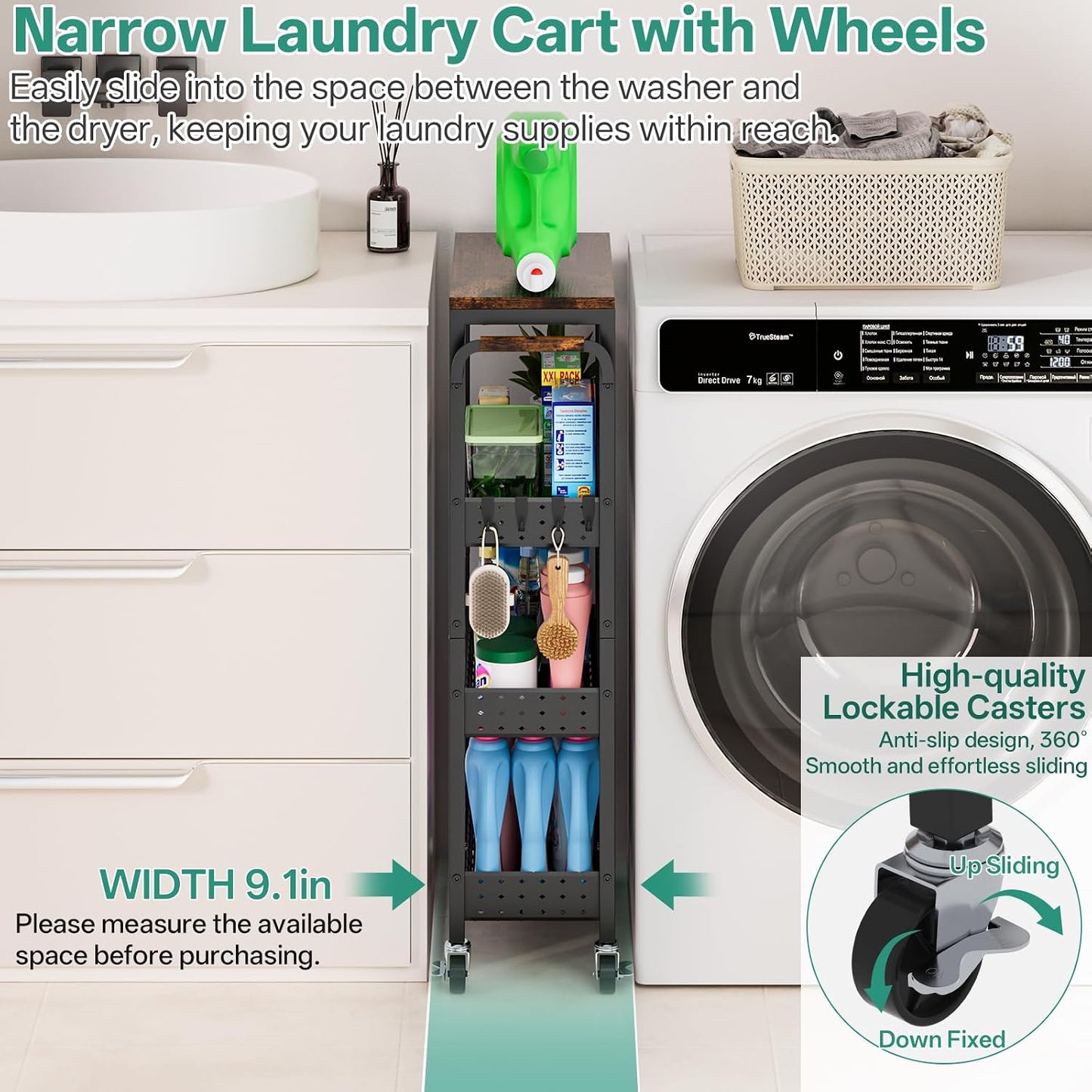 DTUQYX Slim Bathroom Storage Cart, 4 Tier Small Rolling Organizer Cabinet with Wood Top Handle, Mobile Shelving Unit Slide Out for Office, Kitchen, Laundry Room & Narrow Places (9.1" W Metal Basket)