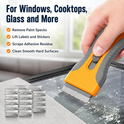 Razor Blade Scraper Set, 2 Safety-Lock Handles + 20 Steel Blades | Steel Blades Retract into Plastic Handles, Removes Stickers, Labels, Paint, Caulk and Residue From Windows, Cooktops and Tile