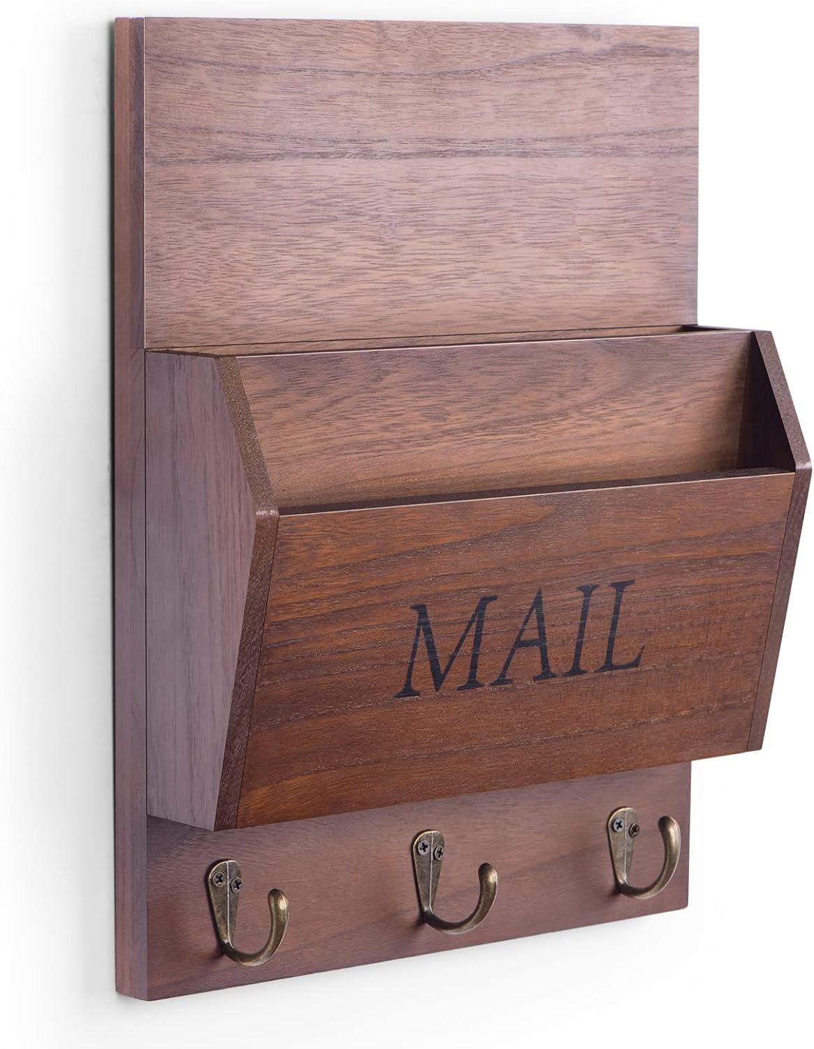 DLQuarts Mail Organizer with Key Holder for Wall, Mail Sorter Wall Mounted, Decorative Wooden Key and Mail Holder with 3 Hooks, Black