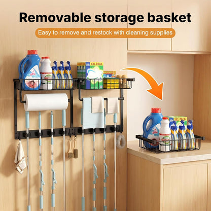 Broom Holder Wall Mount, Broom and Mop Organizer Wall Hanging with Paper Towel Holder & Removable Anti-fall Basket, Wall Mount Cleaning Supplies Organizer for Laundry Room, Apartment, Utility Room
