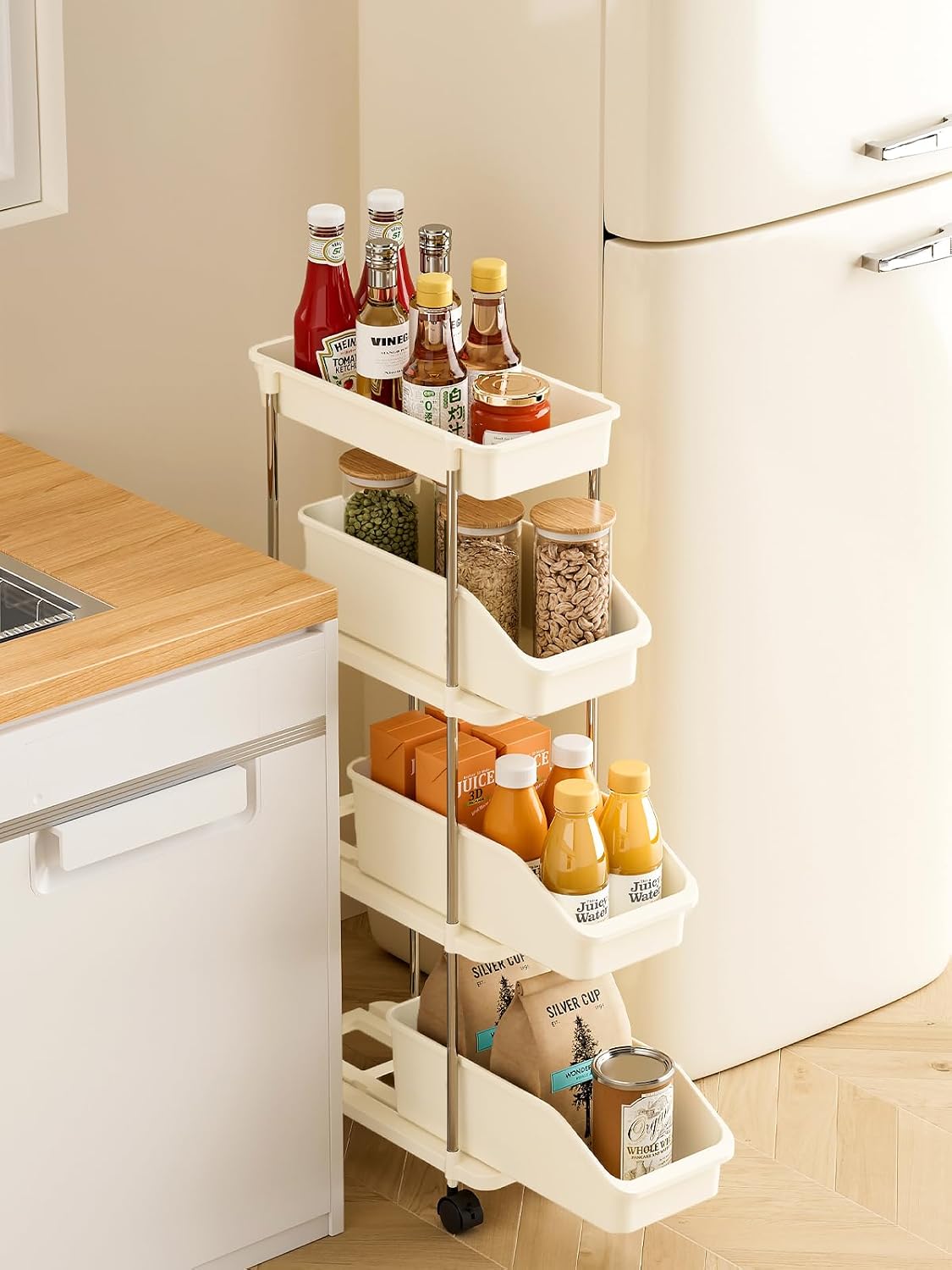 Slim Storage Cart 3 Tier Slim Rolling Utility Cart with Pull-Out Baskets & Wheels for Narrow Space in Kitchen Dining Room Bathroom Laundry Room Cream White (Width 6.3 Inches)
