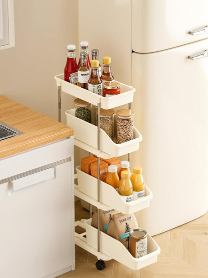 Slim Storage Cart 3 Tier Slim Rolling Utility Cart with Pull-Out Baskets & Wheels for Narrow Space in Kitchen Dining Room Bathroom Laundry Room Cream White (Width 6.3 Inches)