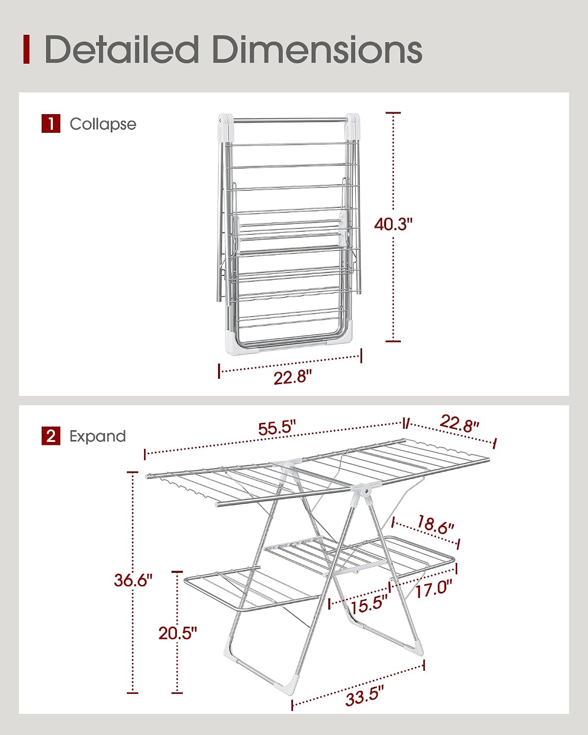 Sakugi Clothes Drying Rack, Foldable 2-Level Laundry Drying Rack with Height-Adjustable Wings, for Clothing & Bedding, Free-Standing Space-Saving Rack, Indoor & Outdoor, 55.5" L × 22.8" W, Gray